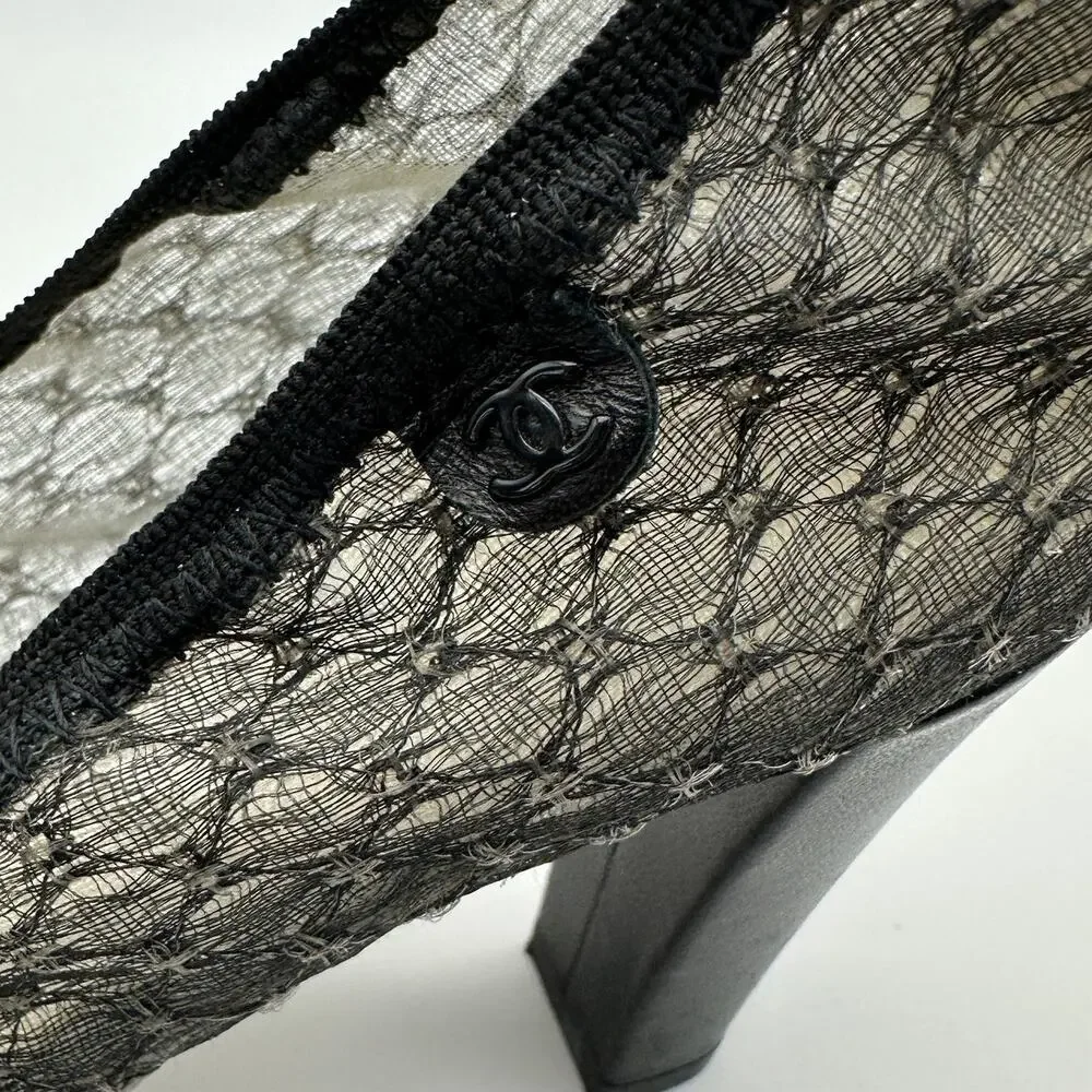 CHANEL Black Lace & Leather Elastic Heel Pumps Cap Toe IT 38.5
